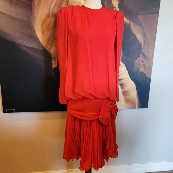 Vintage 70s SYLVIA ANN Chiffon Gown Ruffle Maxi Dress 8 Red Cottagecore Wedding - Picture 1 of 13